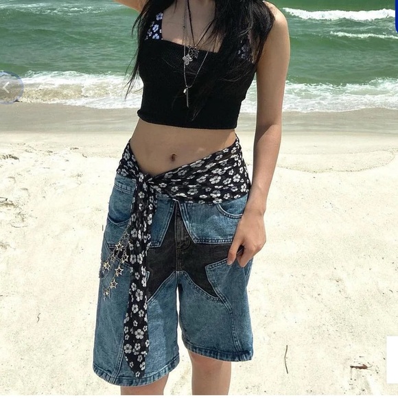 NWT Aelfric Eden Black Star Blue  Denim Jeans Jorts Shorts Streetwear Size 26/2 - Picture 16 of 16